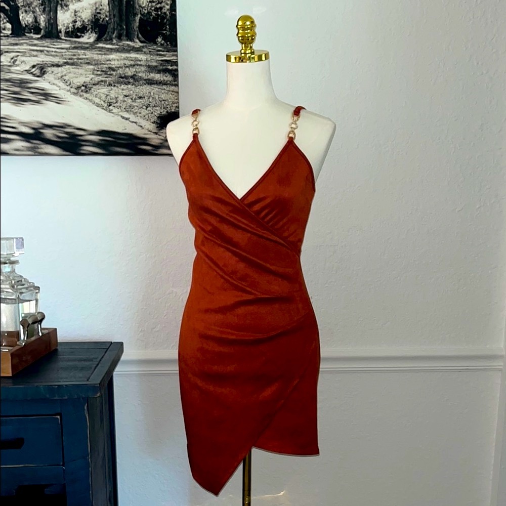 NWT Have Rust Asymmetrical Wrap faux suede cocktail dress